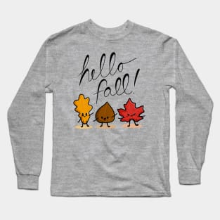 "Hello Fall" Three Cute Kawaii Autumn Leaves Long Sleeve T-Shirt